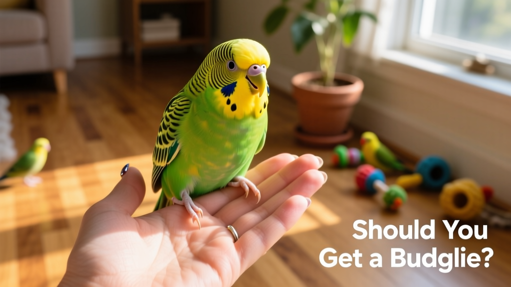 A cheerful, brightly colored budgie perched on a hand, looking alert and friendly