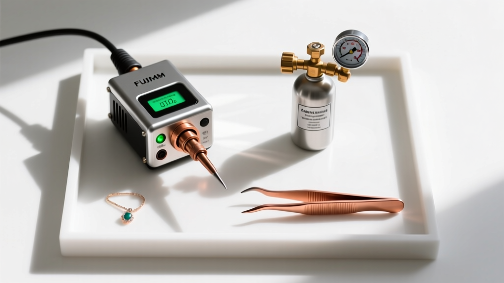 Top-down view of a DIY permanent jewelry kit with a compact capacitive discharge welder, small argon tank, and copper tweezers.