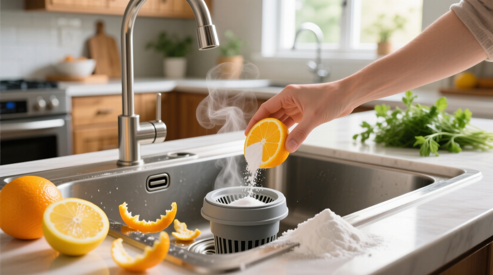 eco friendly cleaning tips deodorize disposal with citrus baking soda