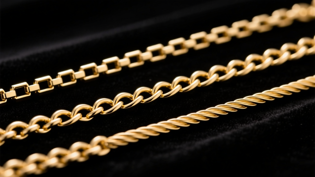 Three gold chains on dark velvet: 1.0mm box chain, 0.9mm rolo chain, and 1.2mm cable chain, illuminated by soft studio lighting.