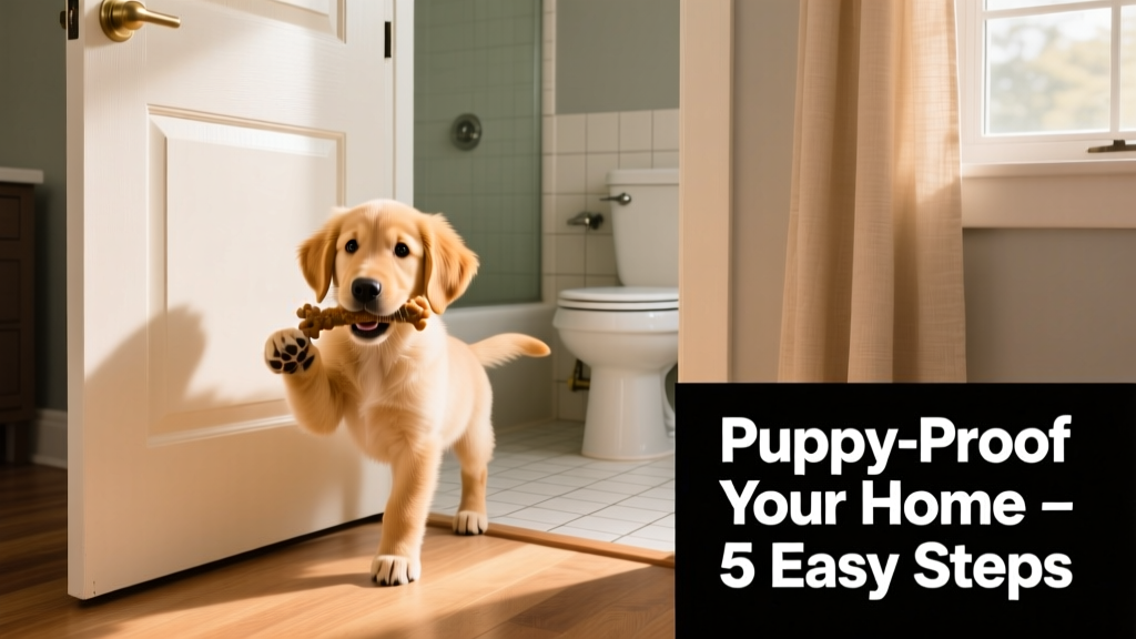 A puppy standing beside a closed toilet with a chew toy in its mouth, looking content