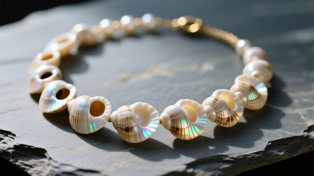 Macro shot of genuine puka shell necklace on slate, showing natural asymmetrical holes and pearlescent calcium carbonate surface.
