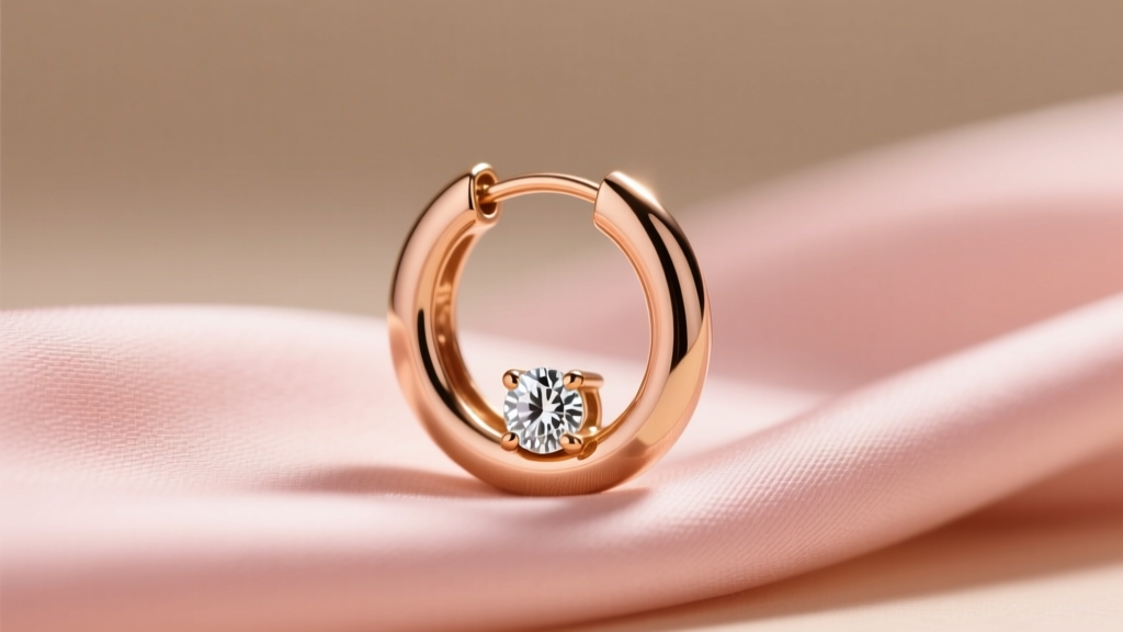 Close-up of a 14k solid rose gold huggie earring with a bezel-set diamond resting on blush silk fabric under warm, soft lighting.