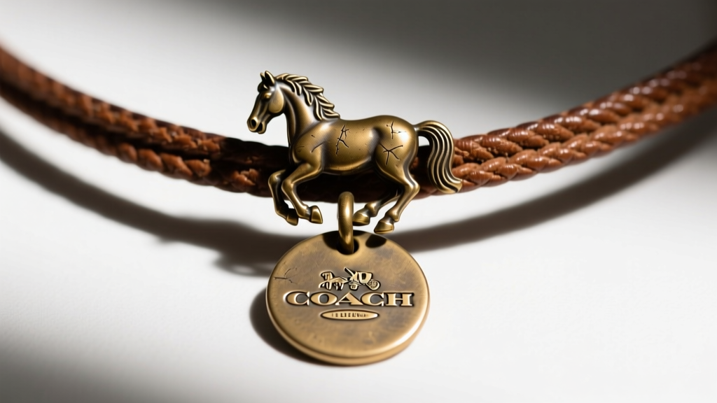 Close-up of a vintage Coach leather cord necklace featuring a tarnished brass horse charm and an original circular authenticity tag