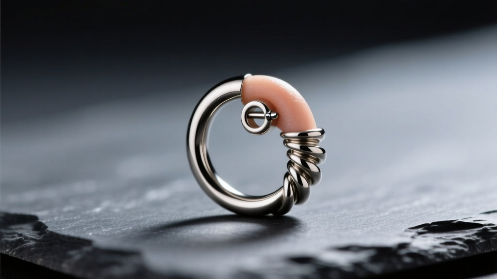 Close-up of an 18-gauge implant-grade titanium spiral ear cuff wrapping around a helix piercing, resting on a dark slate surface.