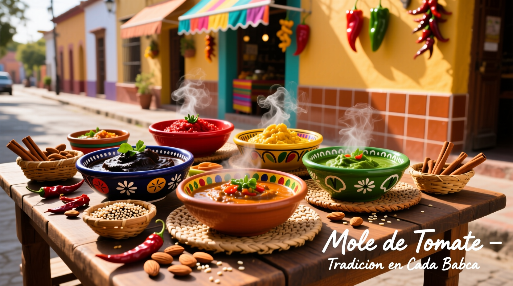 Colorful display of Tomato Street's signature mole dishes