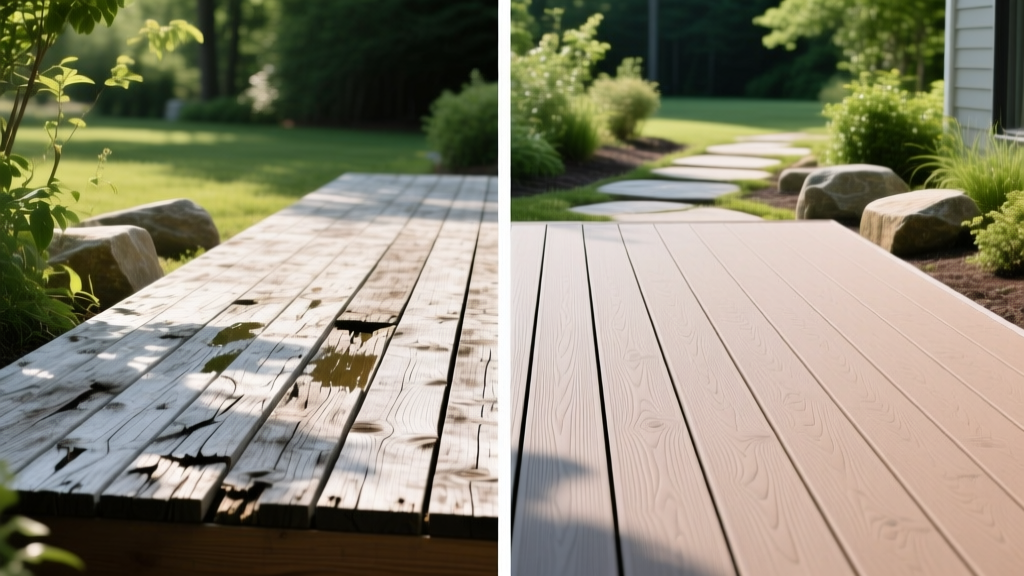 Split view of a weathered pressure-treated wood deck beside a pristine composite deck, highlighting long-term outdoor maintenance differences.