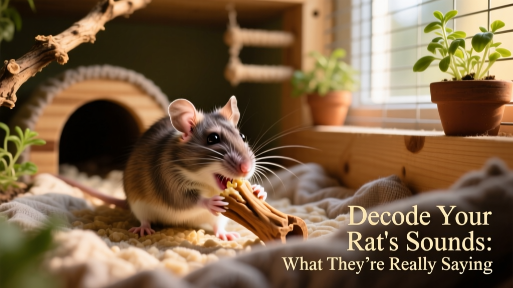 Rat happily gnawing on a natural wooden chew toy inside a clean, enriched habitat