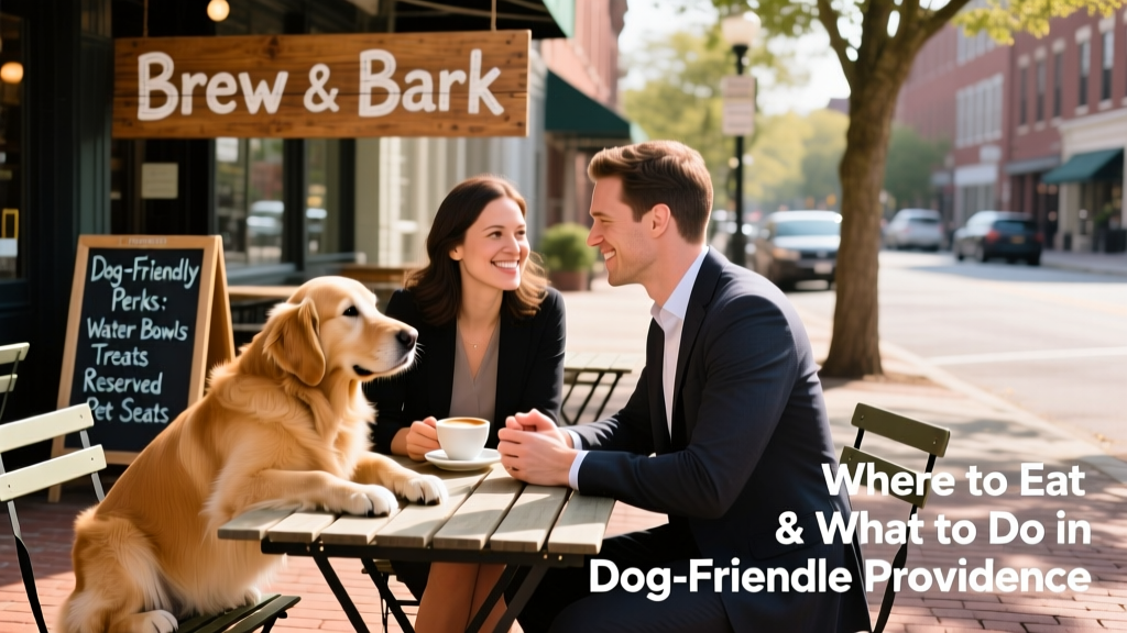 A person enjoying coffee with their dog at an outdoor café table in Providence