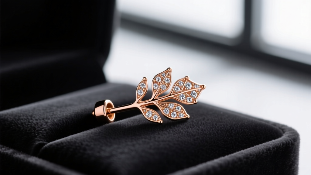 Macro shot of a 16-gauge threadless 18k rose gold ivy leaf piercing end with pave diamonds resting on a dark velvet display pad