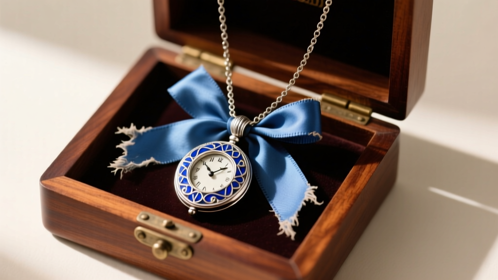 Open antique mahogany jewelry box revealing a Victorian silver and blue enamel locket necklace, tied with a faded silk ribbon
