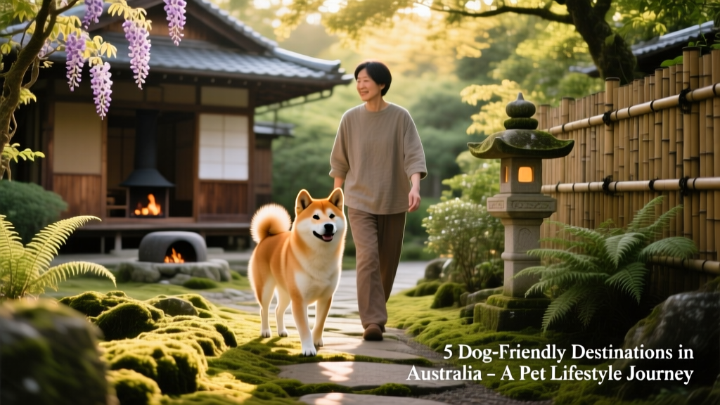 A calm, well-behaved dog walking beside their owner along a shaded garden path with traditional Japanese architecture in the background