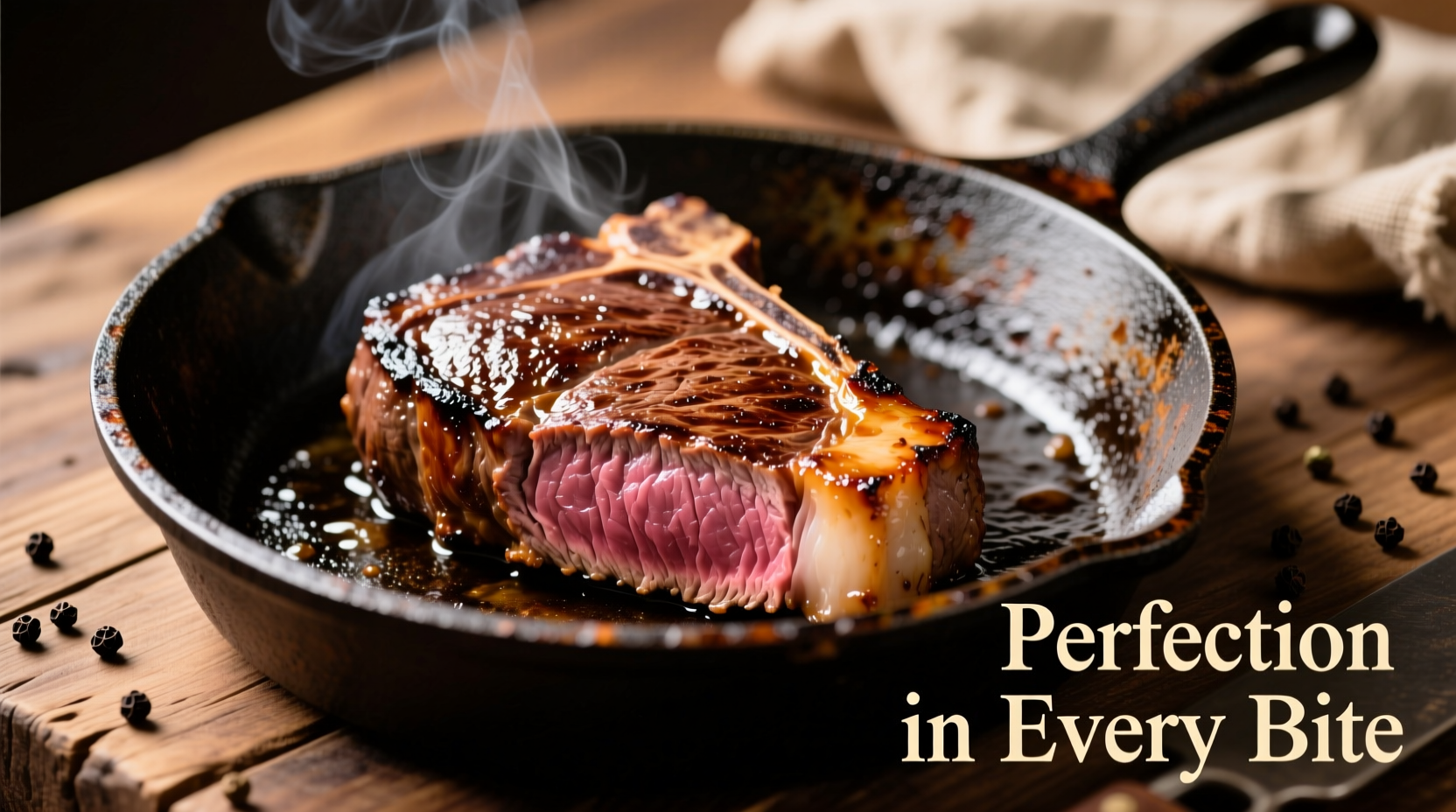 Perfectly seared steak filet on cast-iron skillet