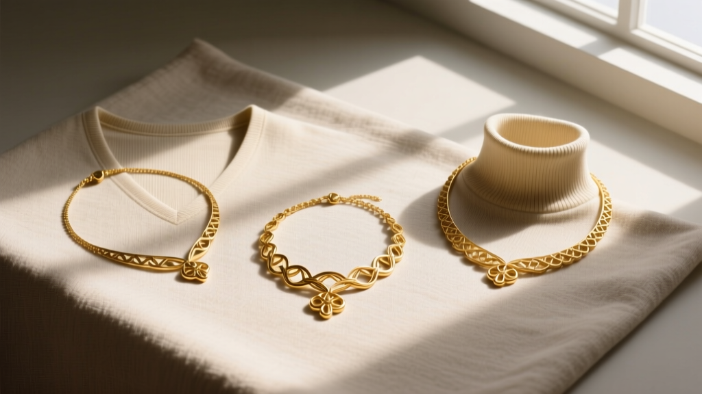 Flat lay of three gold necklaces on fabric swatches of a v-neck, crew neck, and turtleneck, shot from above in soft light.