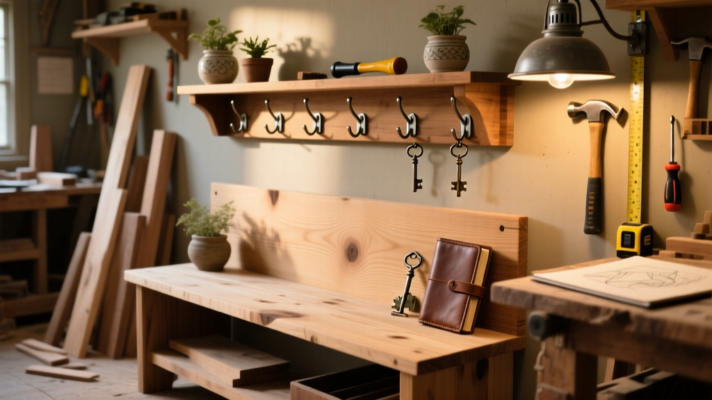 DIY Entryway Storage Bench with Hooks and Shelf