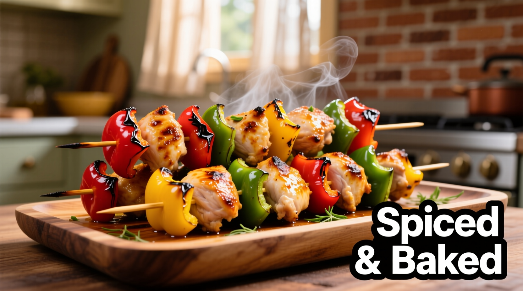 Colorful oven-baked chicken kebabs with bell peppers