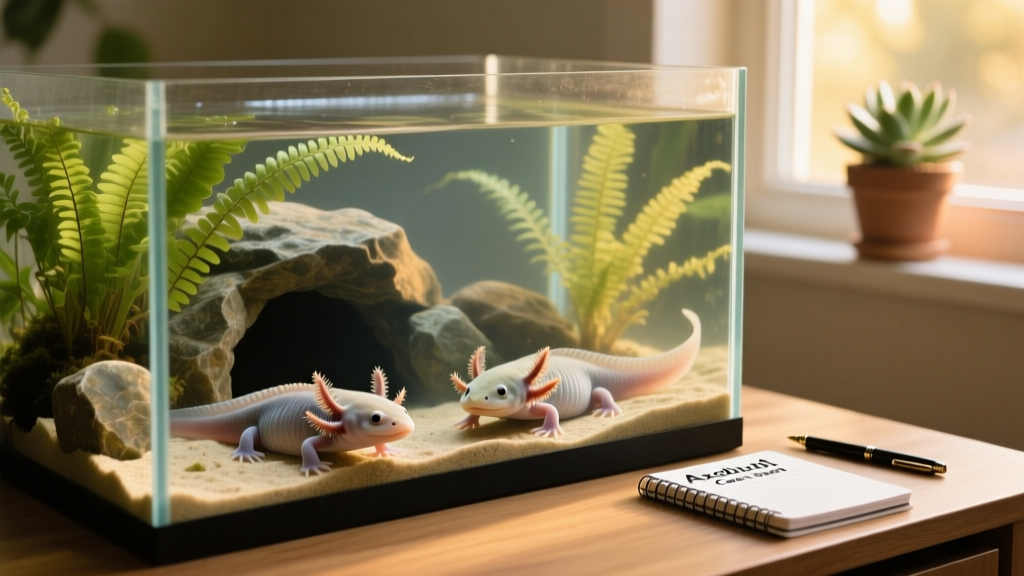 Well-planted 40-gallon axolotl aquarium with hiding caves, java ferns, and gentle water flow