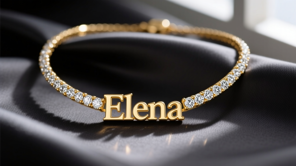 18k gold name in diamonds necklace with modern sans-serif typography on dark charcoal silk, highlighting pave diamond facets.