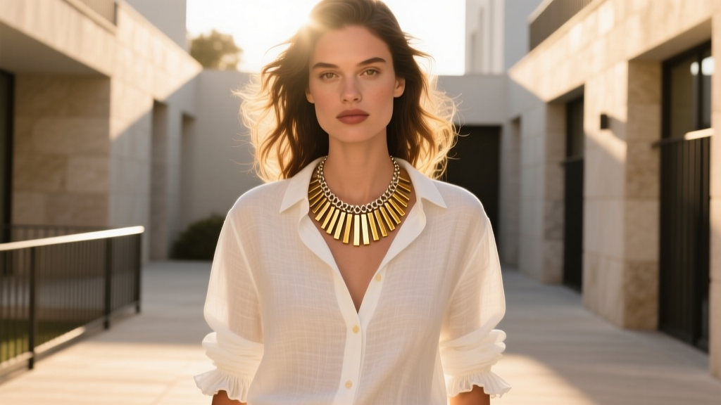 Editorial shot of a model wearing a layered Chan Luu bar necklace over a crisp white linen button-down shirt, golden hour light