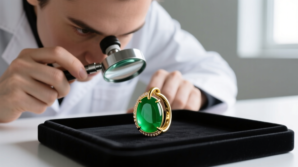 Jeweler using a loupe to examine an 18k gold and apple green jadeite huggie earring setting on a dark velvet grading tray