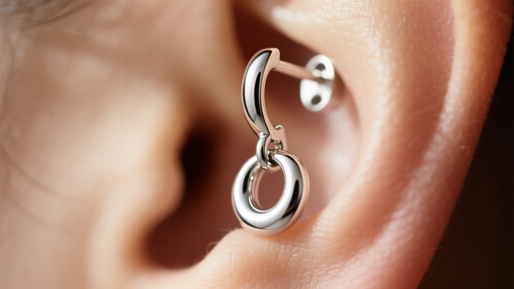 Macro shot of a heavy sterling silver dangle earring on an earlobe, revealing a thick 16-gauge post and highly polished metal surface