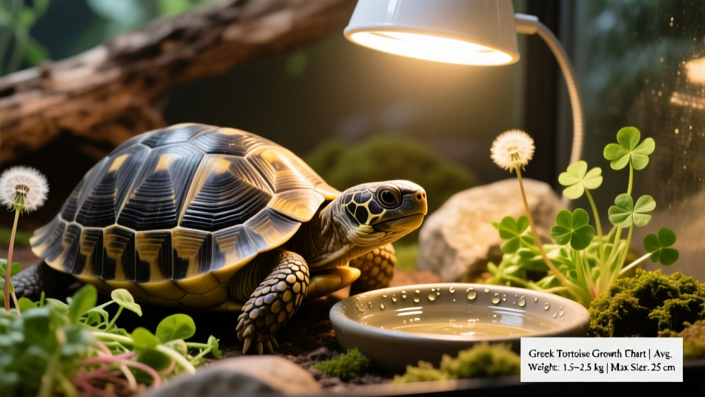 Greek tortoise basking under a UVB lamp beside a shallow water dish and edible weeds