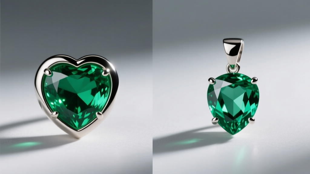 Side-by-side comparison of a heart emerald pendant in a secure bezel setting versus a four-prong setting, shot on a neutral grey background.