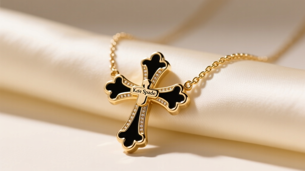 Close-up of a gold-plated Kate Spade cross necklace with black enamel detailing resting on cream silk fabric, soft studio lighting.
