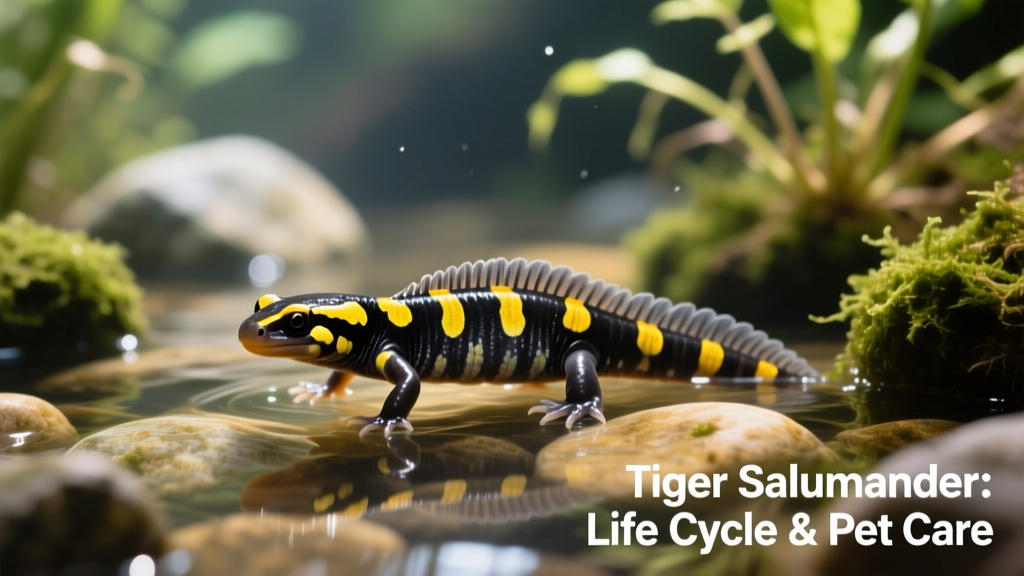 Tiger salamander larva swimming in shallow, filtered aquarium with rocks and plants