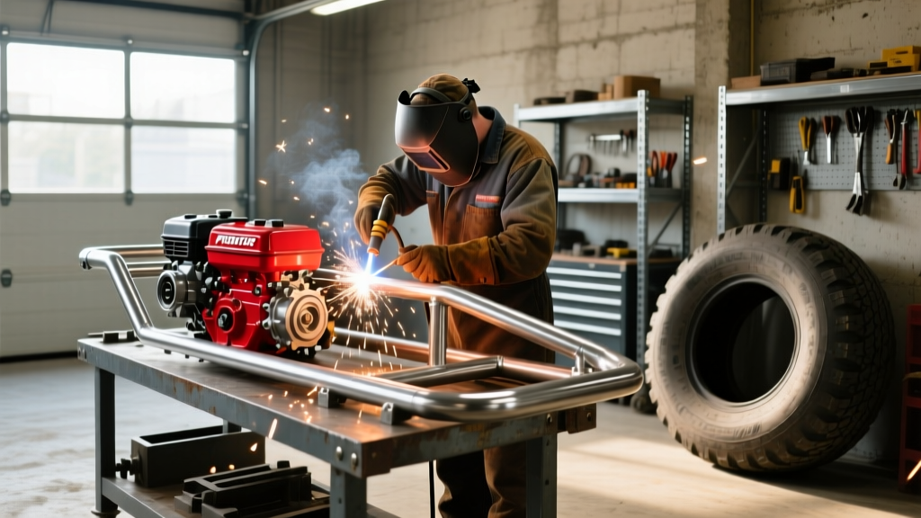 Welder assembling a tubular steel go kart chassis in a garage, with a red Predator 212 engine and pneumatic tires nearby