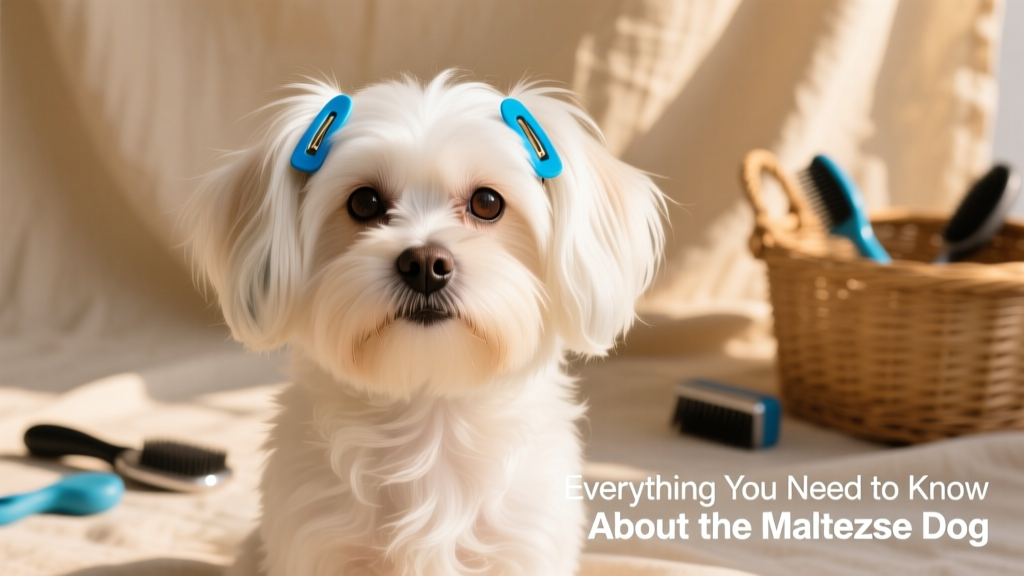 A Maltese dog wearing two blue clips to keep its fur away from its face