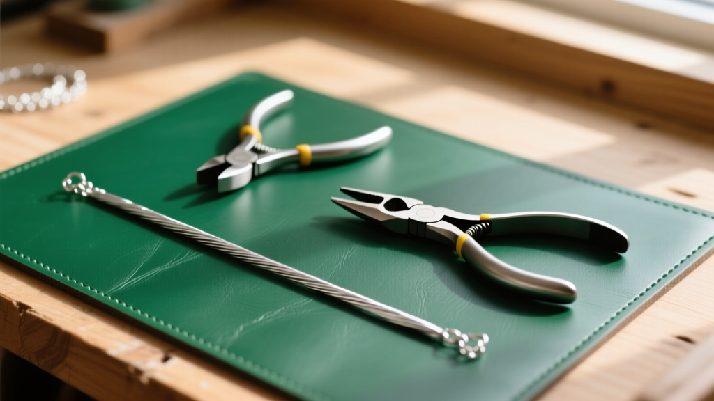 Overhead view of 20-gauge silver wire, flush cutters, and chain nose pliers arranged neatly on a green jewelry bench cutting mat.