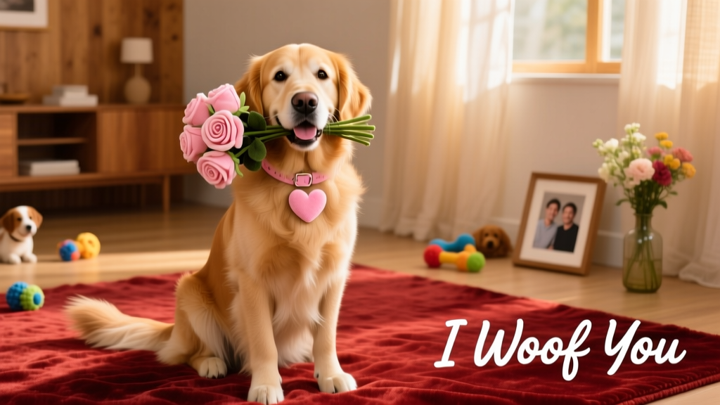 A happy dog wearing a pink heart-shaped collar and holding a plush rose bouquet in its mouth, sitting on a cozy red rug