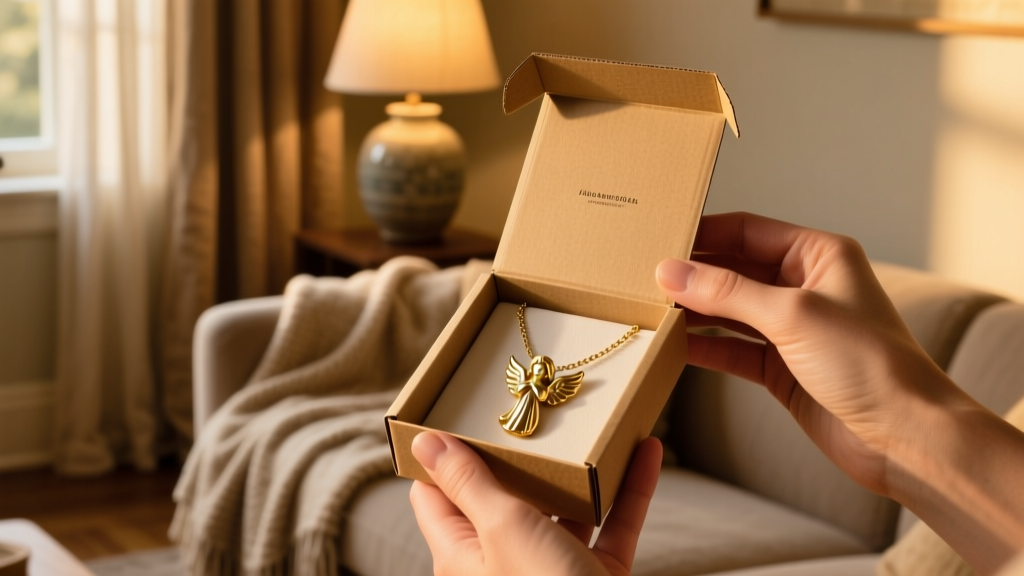Hands unboxing a kraft box containing a gold-plated Willow Tree angel necklace under warm, cozy, and soft ambient room lighting.