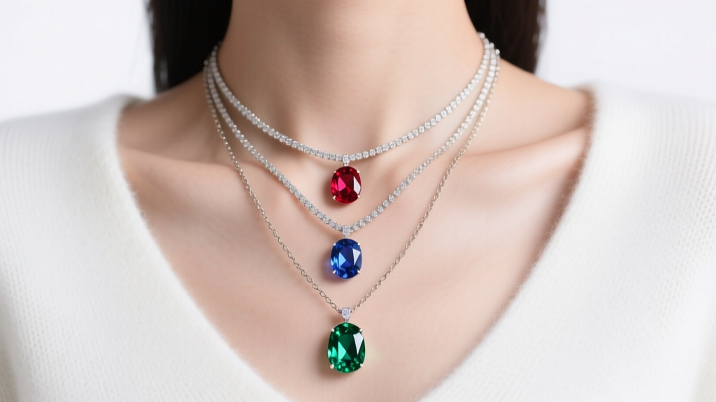 Close-up of collarbone showing a layered stack of three candy pendant necklaces with colorful gemstone drops over a white sweater