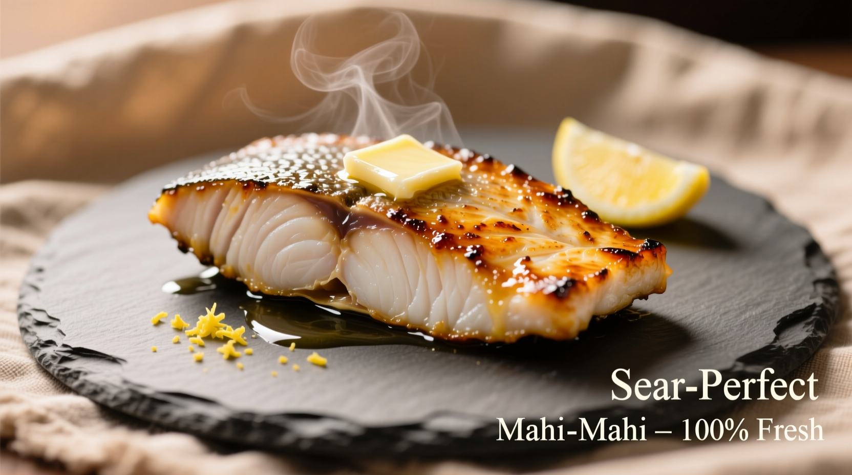 Perfectly seared mahi mahi fillet with crispy skin