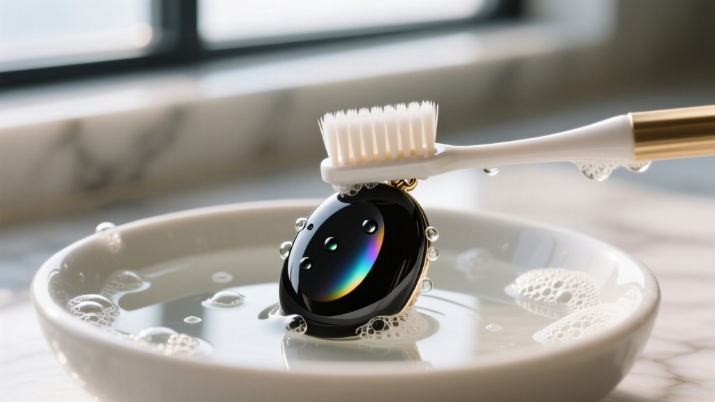 Soft toothbrush scrubbing a black onyx pendant in a bowl of lukewarm soapy water, bright natural window light, macro shot