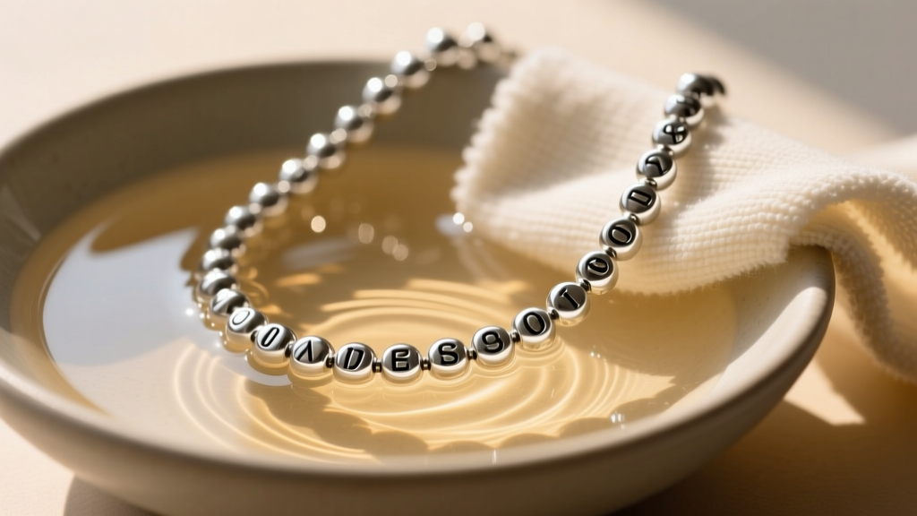 Close-up of a microfiber cloth gently wiping a silver morse code bead necklace over a shallow ceramic bowl of warm soapy water