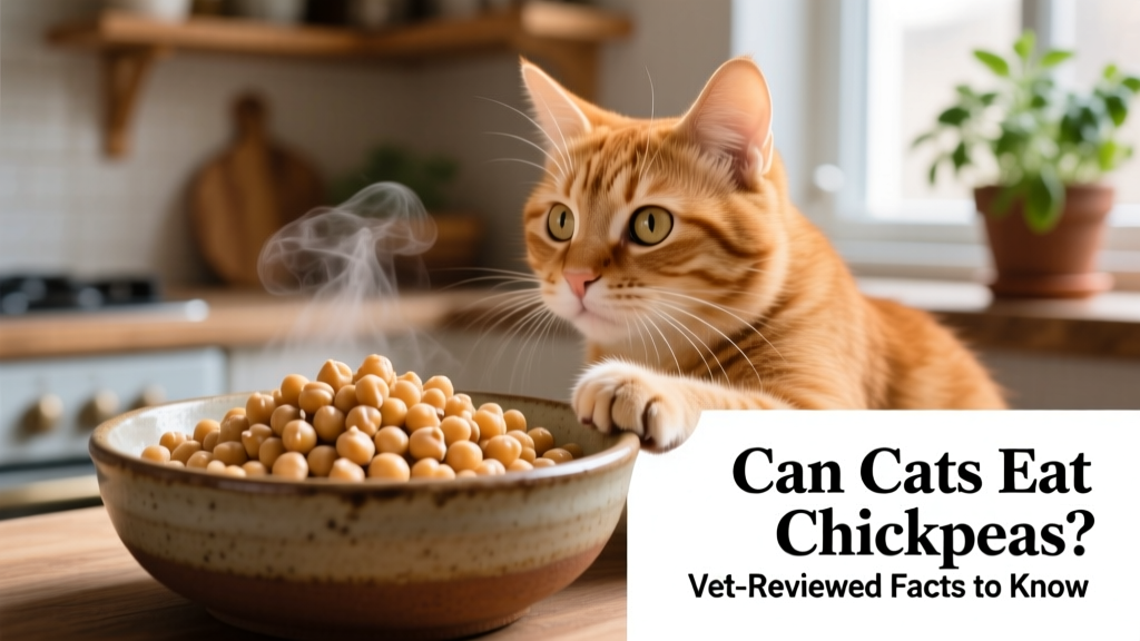 Close-up of cooked, plain chickpeas in a small bowl next to a curious cat