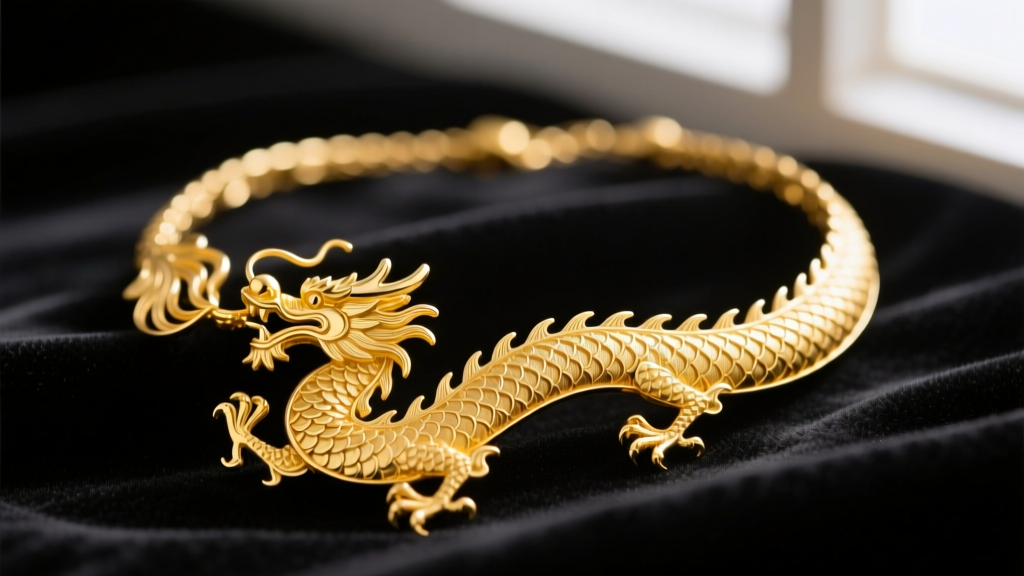 Macro photography of an 18k yellow gold Chinese dragon necklace with intricate filigree scales resting on black velvet fabric