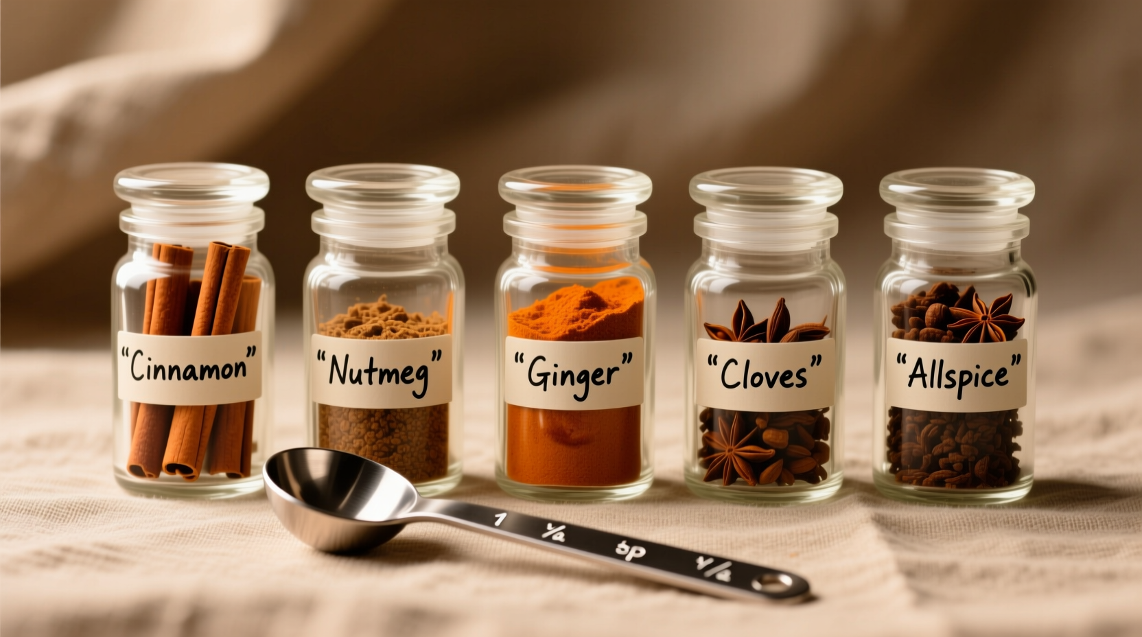 Five spice jars with measuring spoons showing pumpkin pie spice blend