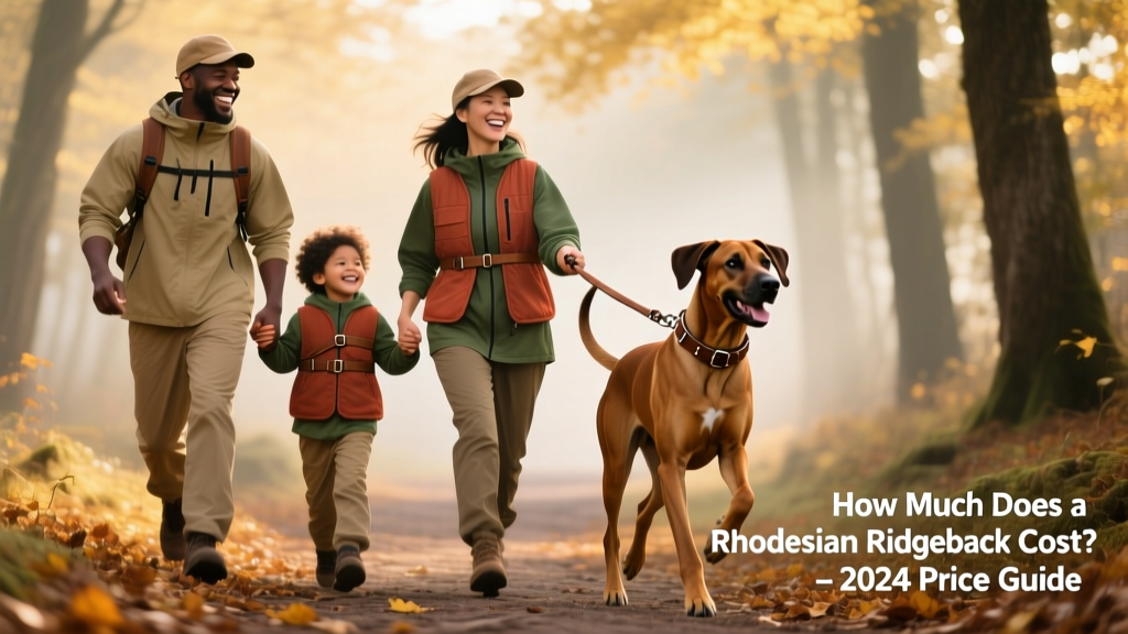A smiling family walking their Rhodesian Ridgeback along a forest trail, all wearing matching hiking gear and leashes, illustrating active, joyful companionship