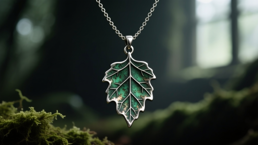 Macro shot of a botanical witches necklace with an oxidized silver hemlock leaf pendant on a 1.5mm rolo chain in dim lighting