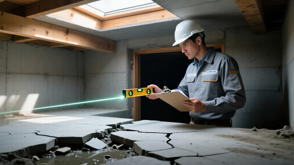 Engineer inspecting a cracked concrete slab foundation next to a crawl space access door using a laser level and clipboard