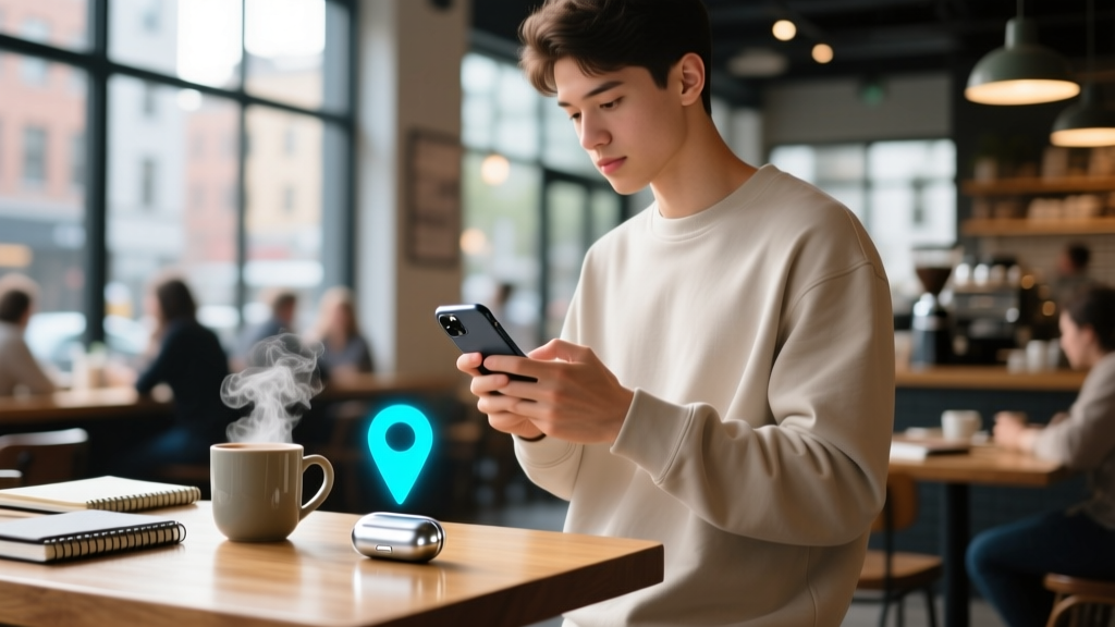 Tech enthusiast using a smartphone precision tracking app to locate a misplaced silver wireless earbuds case in a crowded coffee shop