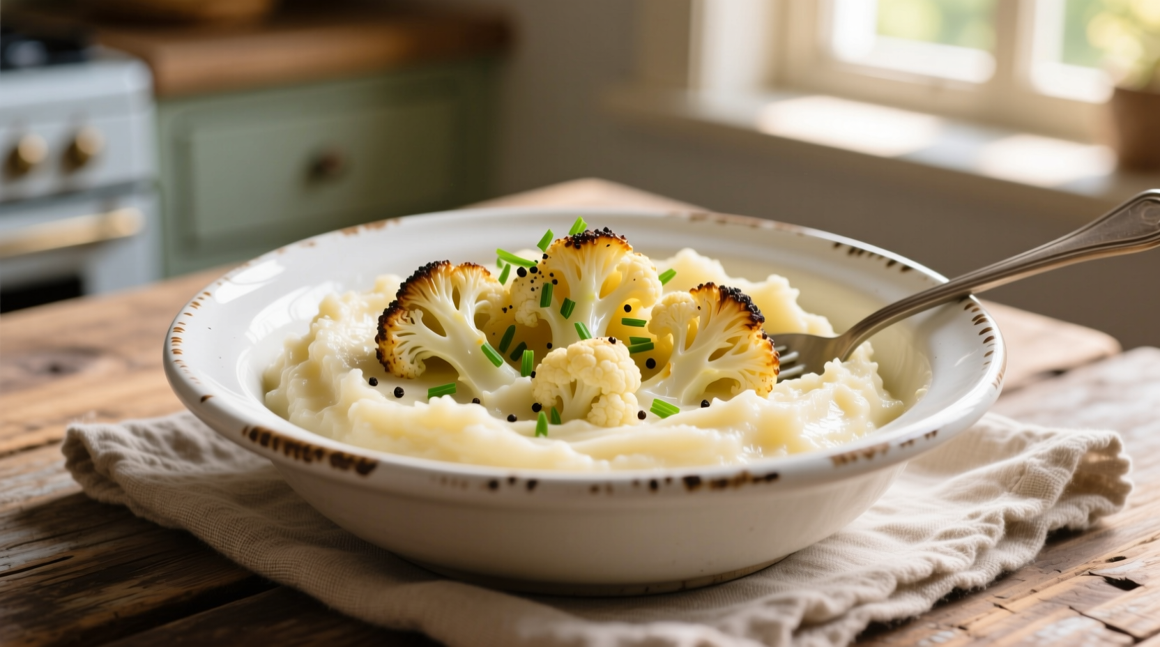 Creamy mashed potatoes with cauliflower in white bowl