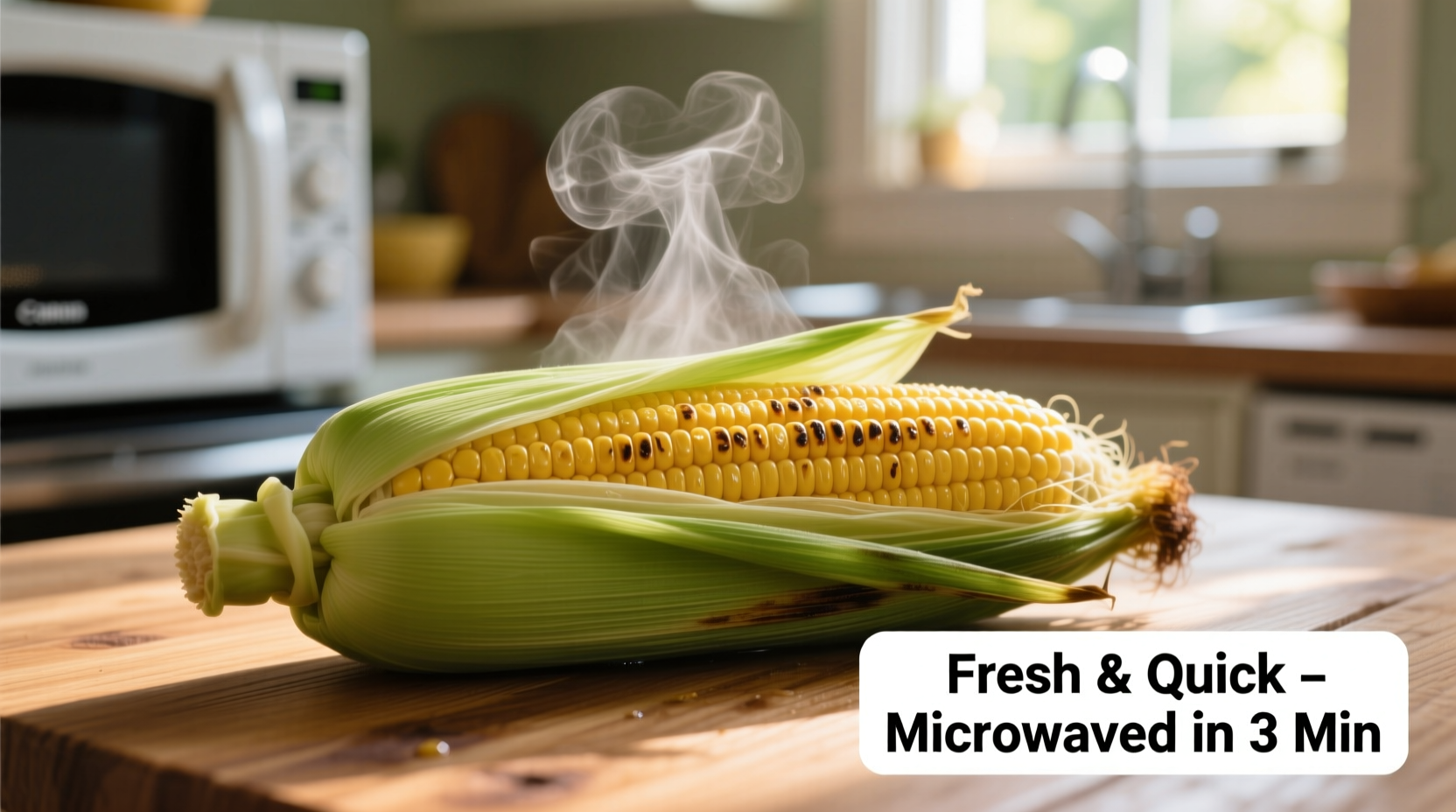 Fresh corn on cob cooked in microwave with husk