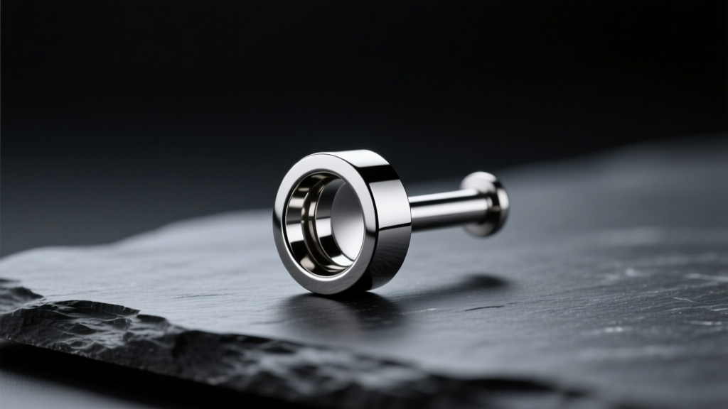 Polished ASTM F-136 titanium labret stud resting on dark slate with soft studio lighting highlighting the smooth metal finish