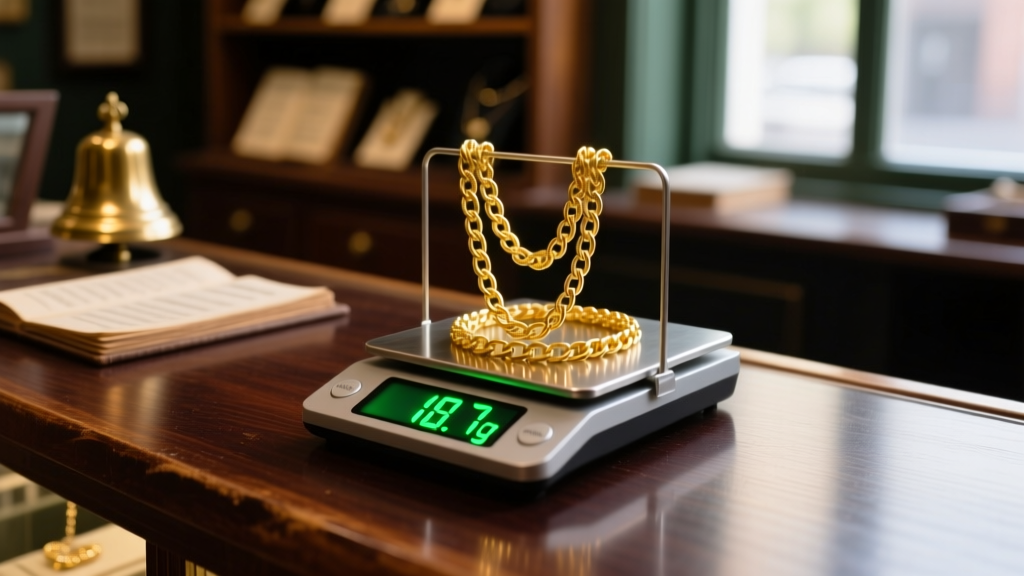 Digital scale weighing 14k yellow gold chains, displaying a glowing green weight reading on a dark wooden pawn shop counter.