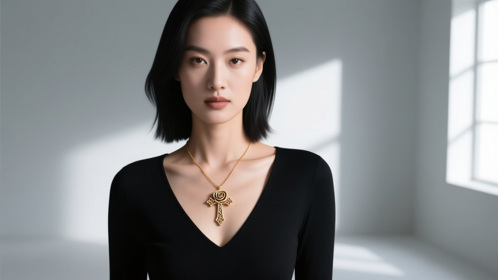 Model wearing a rose cross necklace over a black V-neck top, pendant resting at the collarbone in soft natural window light.